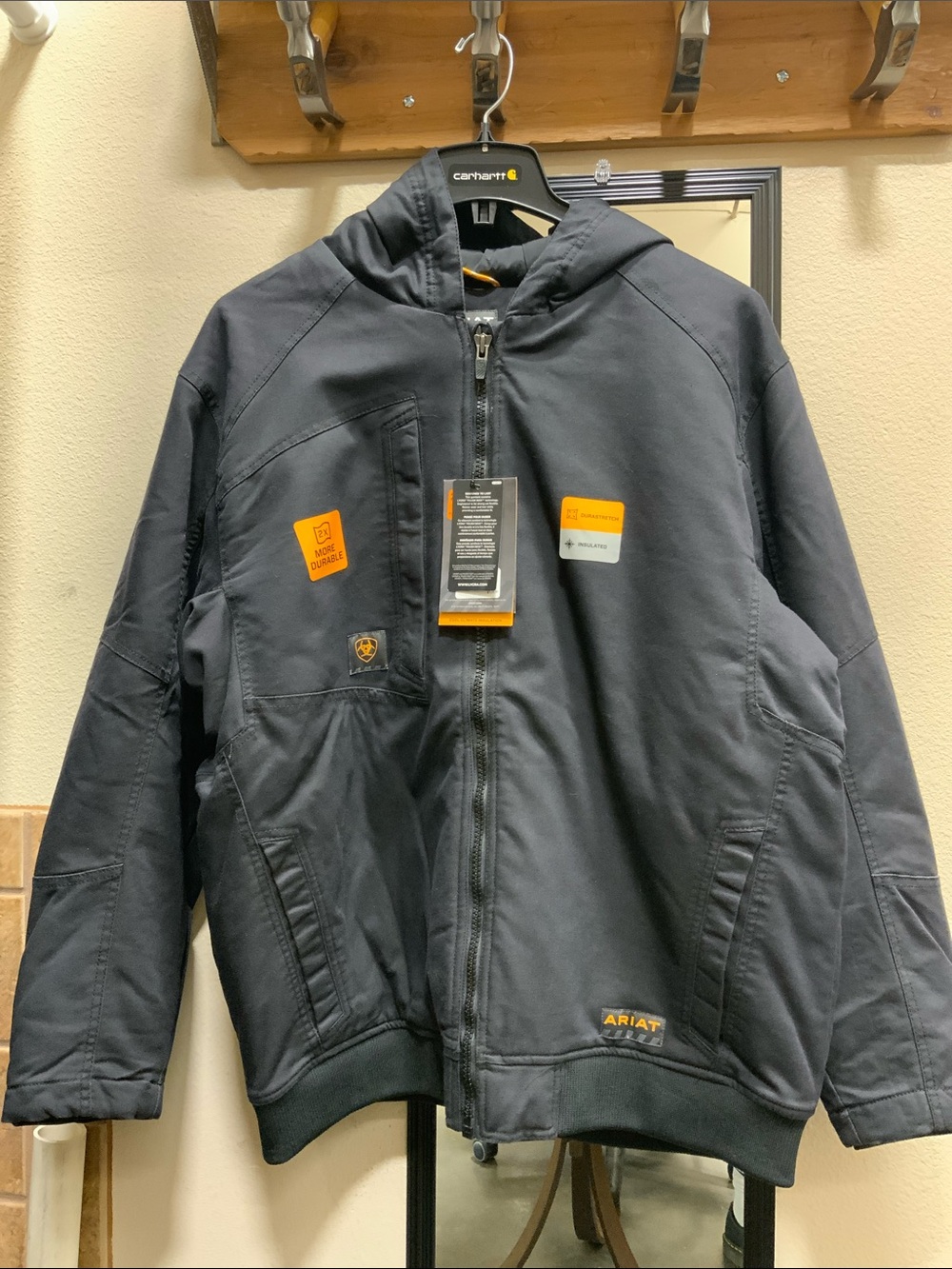 Ariat Black Hooded Duracanvas Work Jacket with Orange Accents